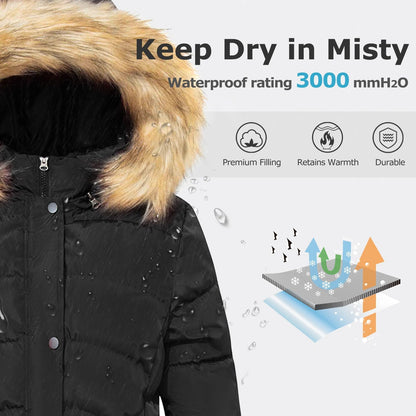 Women's Winter Thicken Coat Warm Long Puffer Jacket with Faux Fur Removable Hood Waterproof Insulated Jacket
