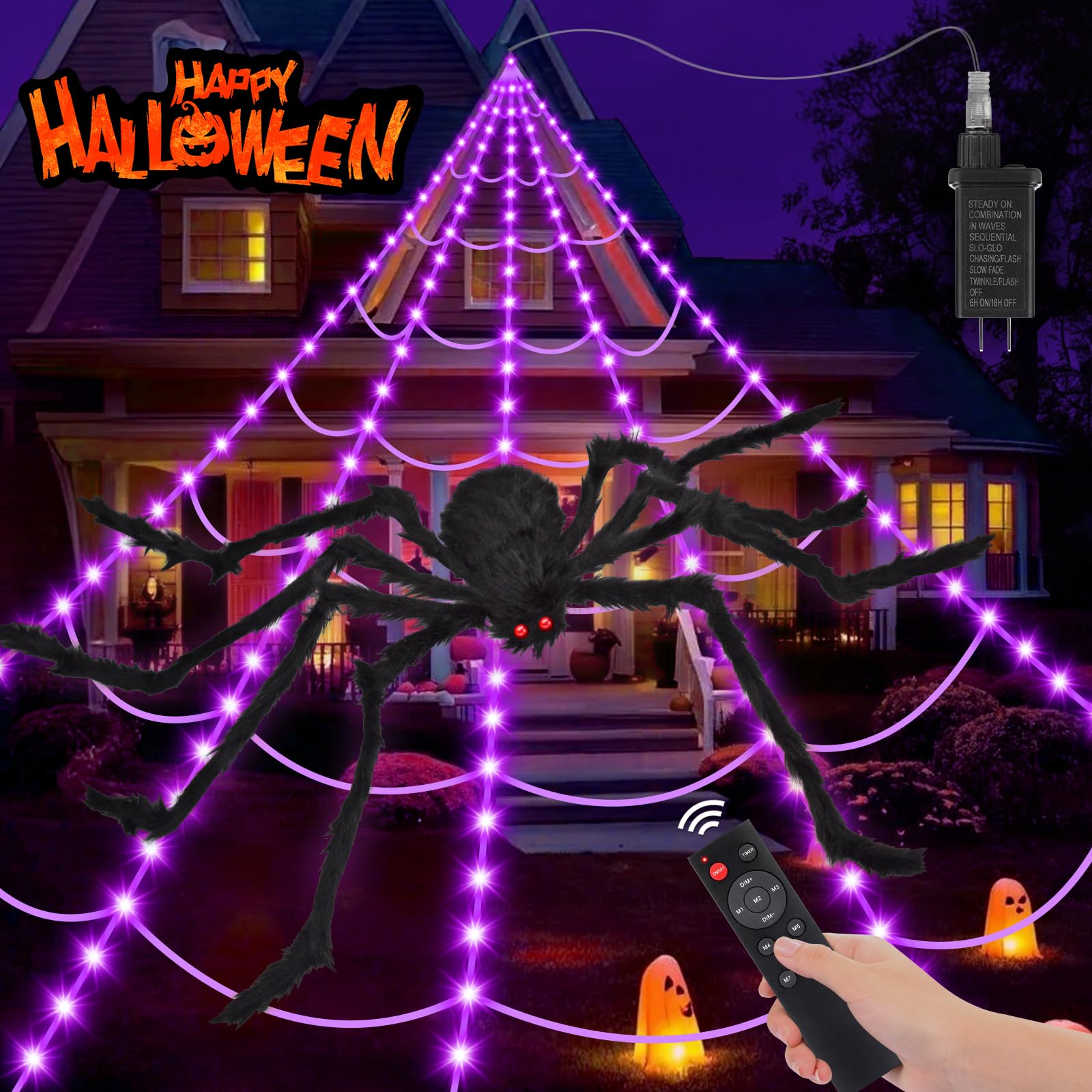 OCATO 200" Halloween Spider Web + 59" Giant Spider Decorations Fake Spiders with Triangular Huge Spiders Web for Indoor Outdoor Halloween Decorations Yard Home Costumes Parties Haunted House Décor