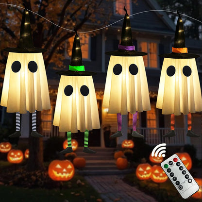 Set of 3 Halloween Hanging Ghosts, Halloween Decorations Outdoor Hanging Ghosts with Witch Hat,Glowing Ghost Witch Hat Lights, Halloween Ghost Decor for Yard Patio Garden Tree Outside(3 Ghost Lighted)