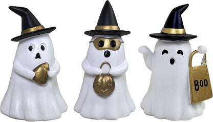 Resin Small White Ghost Figurines, 3PCS Ghosts with Witch Hats, Cute Ghost Statue for Spooky Halloween Decor, for Indoor Halloween Party Tabletop Home Shelf Decoration