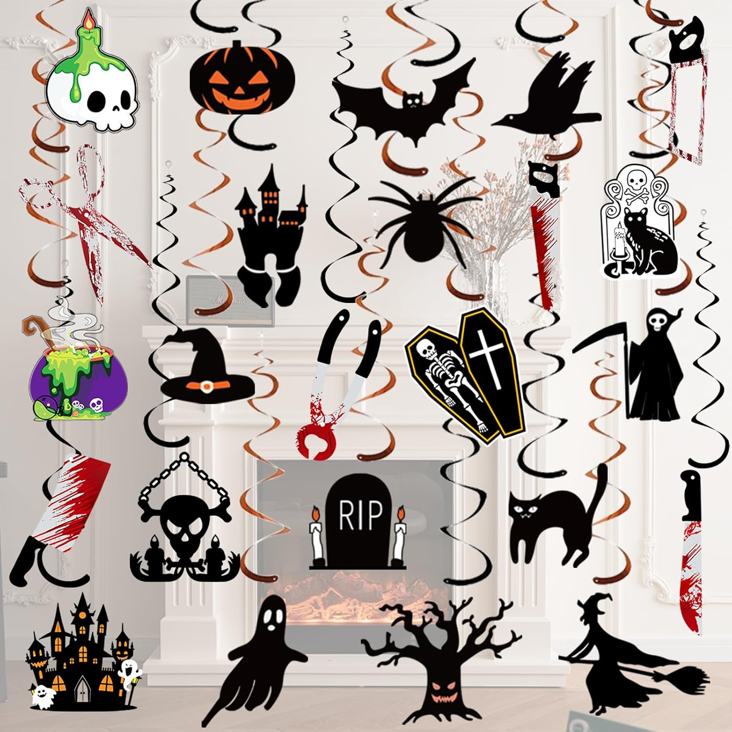 Halloween Decorations Indoor Outdoor Hanging Swirl - 60 PCS Hanging Halloween Decor Ceiling Streamers, Large Ghost Pumpkin Witches Swirls Decoration for Home Office Classroom Wall Party Favors