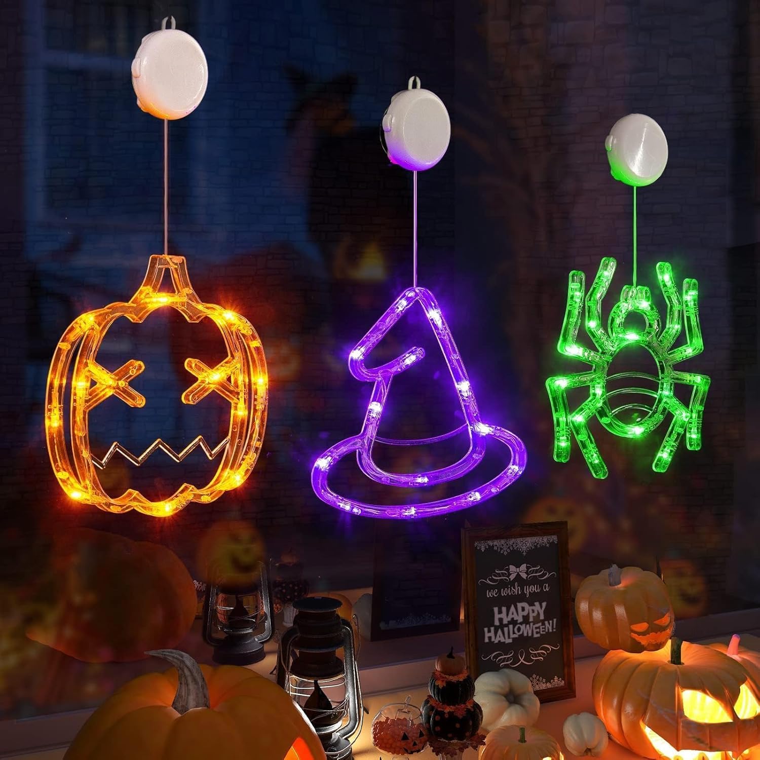LOLStar Halloween Window Decorations 3 Pack Orange Pumpkin Green Spider Purple Witch Hat Battery Operated Window Lights with Suction Cup Slow Fade Timer Function Halloween Indoor Lights for Windows