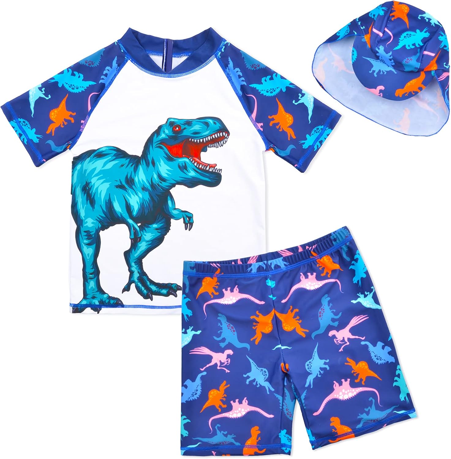 Boys Two Piece Rash Guard Swimsuits Kids Short Sleeve Swimwear Sets Bathing Suit with Sun Hat for 2-6 Years