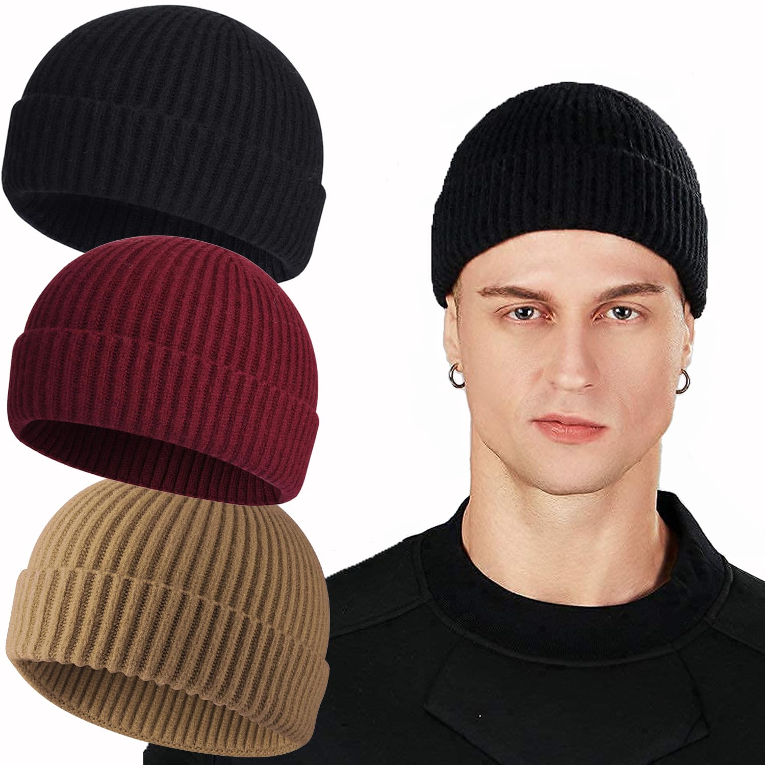 ROYBENS Swag Wool Knit Cuff Short Fisherman Beanie for Men Women, Winter Warm Hats