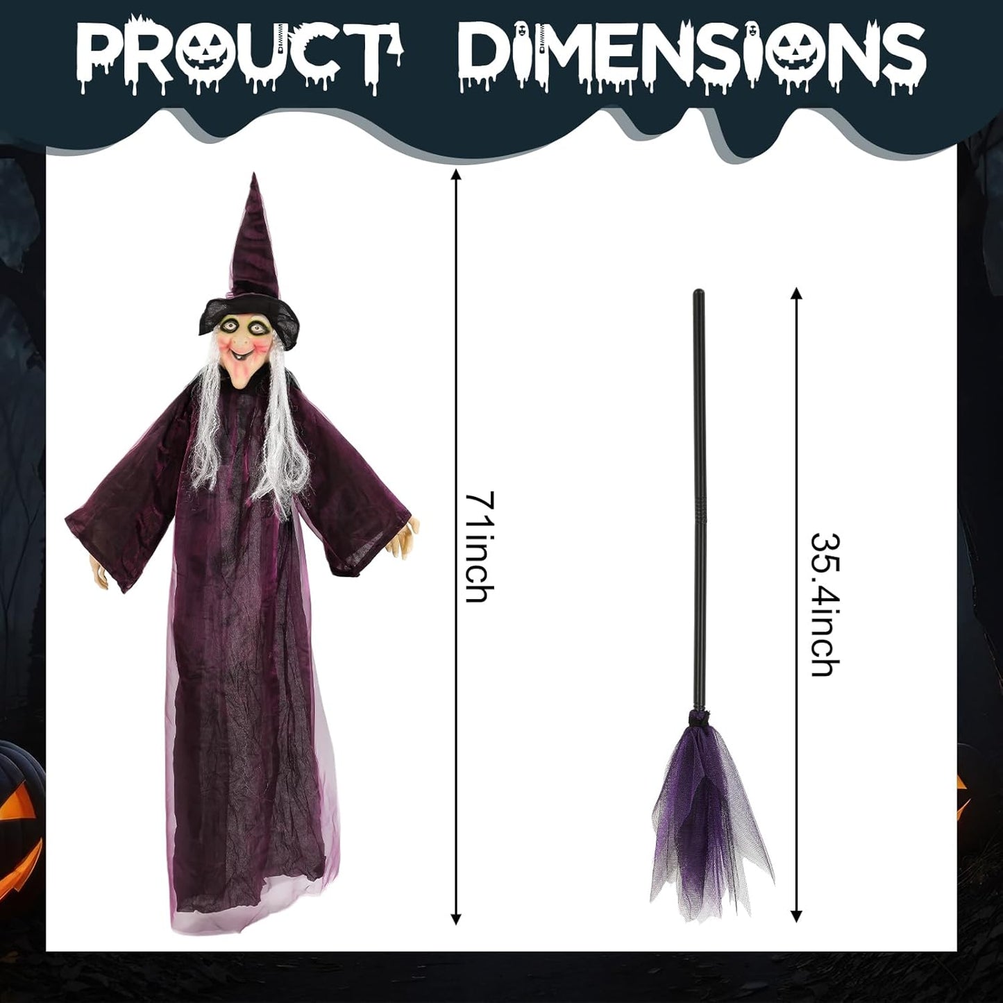 3 Pcs 71" Halloween Hanging Witch Decorations Set LED Large Outdoor Ghost with Cauldron, Sound Activated Talking Animated Prop with Broom, Tripod Outdoor Halloween Decor for Yard Lawn Garden