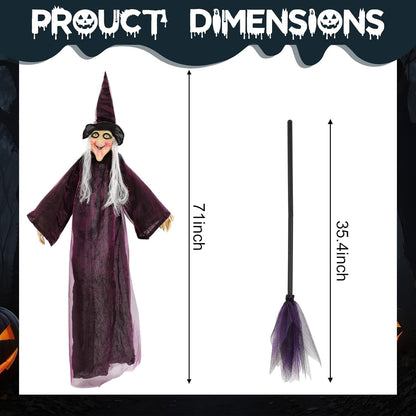 3 Pcs 71" Halloween Hanging Witch Decorations Set LED Large Outdoor Ghost with Cauldron, Sound Activated Talking Animated Prop with Broom, Tripod Outdoor Halloween Decor for Yard Lawn Garden