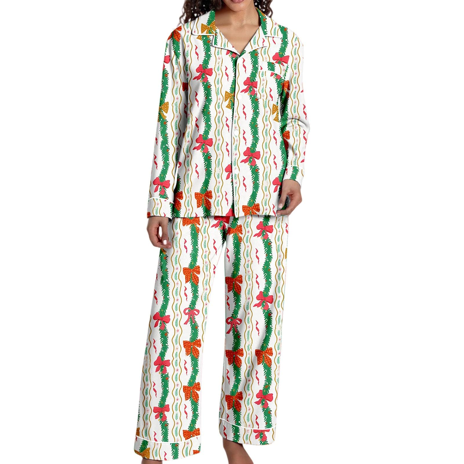 Christmas Pajamas for Women,Button up Long Sleeve Pajama Set Casual Soft Cute Xmas Print Pjs Sleepwear 2025