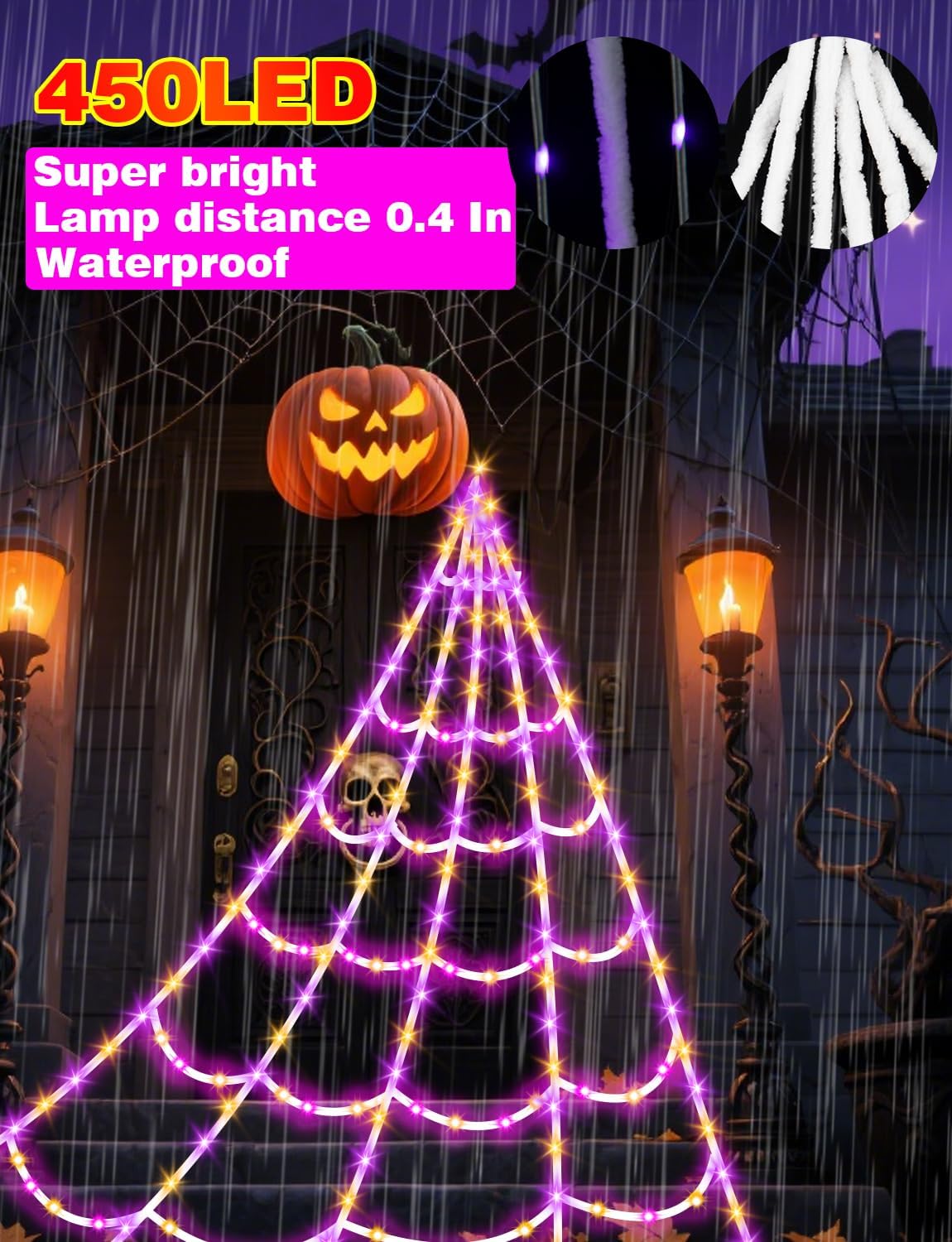 Spider Webs Halloween Decor Lights - 450 LEDs Outdoor Halloween String Lights with 60" Light Up Spider,8 Modes Remote Control 16.4Ft Spiderweb,Waterproof (New Orange-Purple Grid Luminous Net)