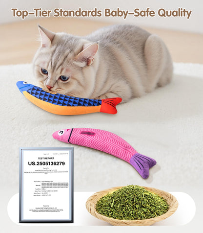Cat Toys with[5000mg A+Natural Catnip &Silvervine] [Baby Grade] Interactive Soft Chew Kicker Cat Toys for Indoor Cats & Kittens, [Crinkle &Bell] Fish Sound Toy, Drives Bored Cat Crazy with Fun
