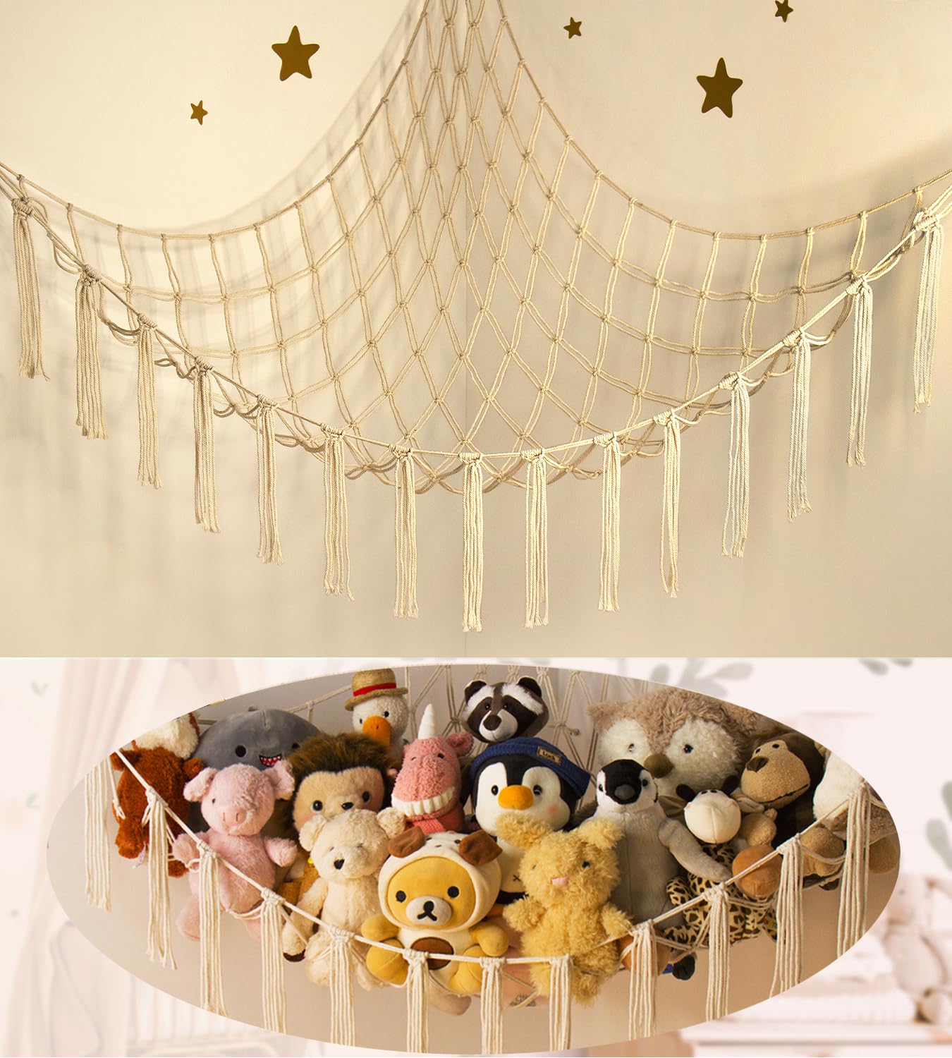 Stuffed Animal Storage Hammock or Net Corner - Large Toy Hammock Net for Stuffed Animals Room Decor - Cute Stuff Animal Organizer Plush Holder - Kids Baby Nursery Essentials Wall Bedroom Home Decor