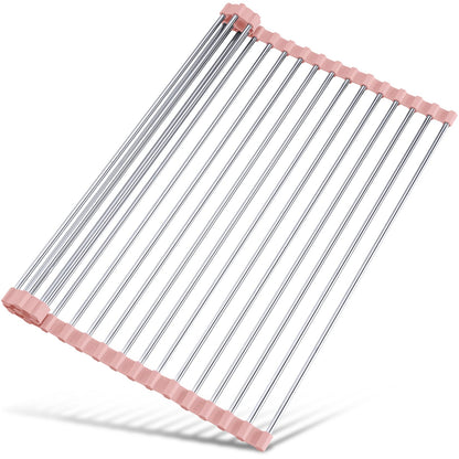 Tomorotec 17.7" x 15.5" Roll Up Dish Drying Rack Over Sink Drying Rack Sink Cover Kitchen Sink Accessories Gadget Multipurpose Organizer Foldable Stainless Steel Drainer (Grey)
