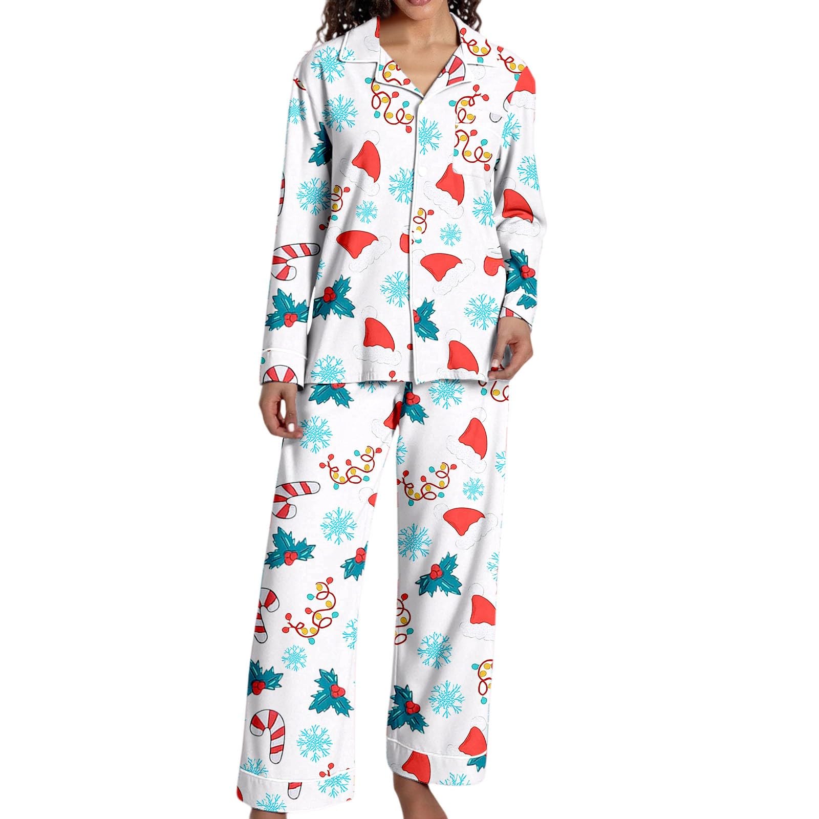 Christmas Pajamas for Women,Button up Long Sleeve Pajama Set Casual Soft Cute Xmas Print Pjs Sleepwear 2025
