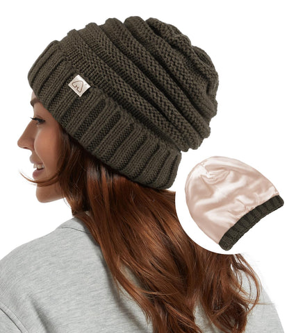 Hat Hut Womens Satin Lined Beanie Winter Hats with Silk Lining for Hair Slouchy Beanie Soft Warm Cable Knit Winter Hat