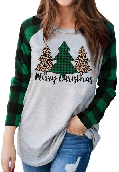 Plus Size Christmas T Shirt Women Xmas Leopard Plaid Trees Print Tees Casual Long Sleeve Holiday Shirts Top