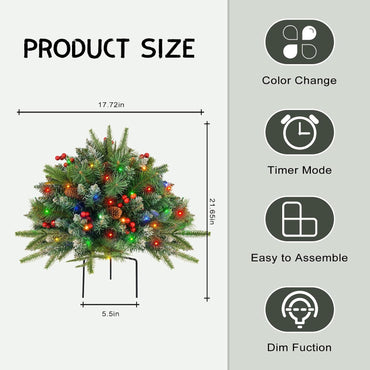 2 Pack Christmas Tree Urn Filler, Battery Operated with Timer, Pre-lit Warm White & Multi-Color Changing LED Lights, 21in Artificial Xmas Tree for Porch, Pathway, Yard, Outdoor Holiday Decorations