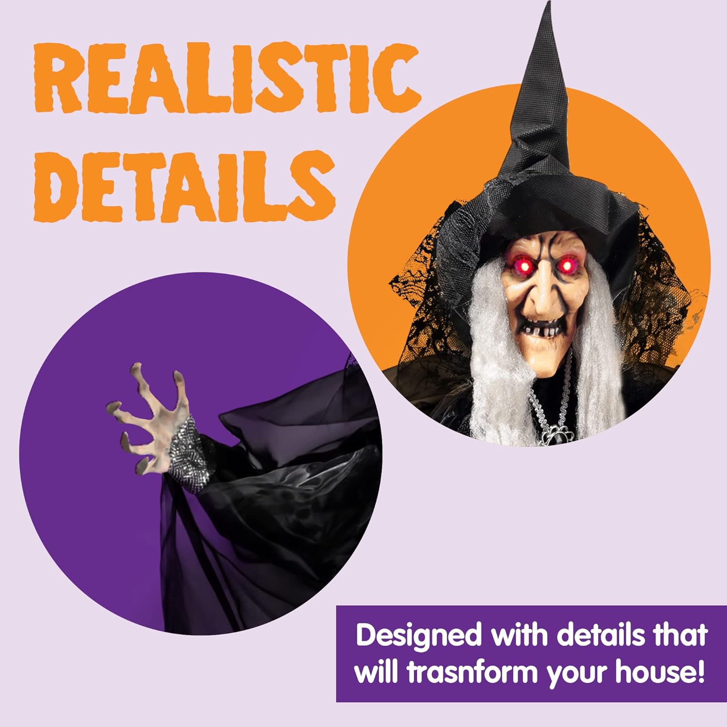 JOYIN 47” Animated Witch Halloween Decorations Outdoor Indoor, Scary Halloween Animatronics Decor, Hanging Ghost Talking Sound Activated Led Lights Eyes Haunted House Yard Garden Lawn