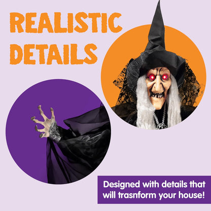 JOYIN 47” Animated Witch Halloween Decorations Outdoor Indoor, Scary Halloween Animatronics Decor, Hanging Ghost Talking Sound Activated Led Lights Eyes Haunted House Yard Garden Lawn