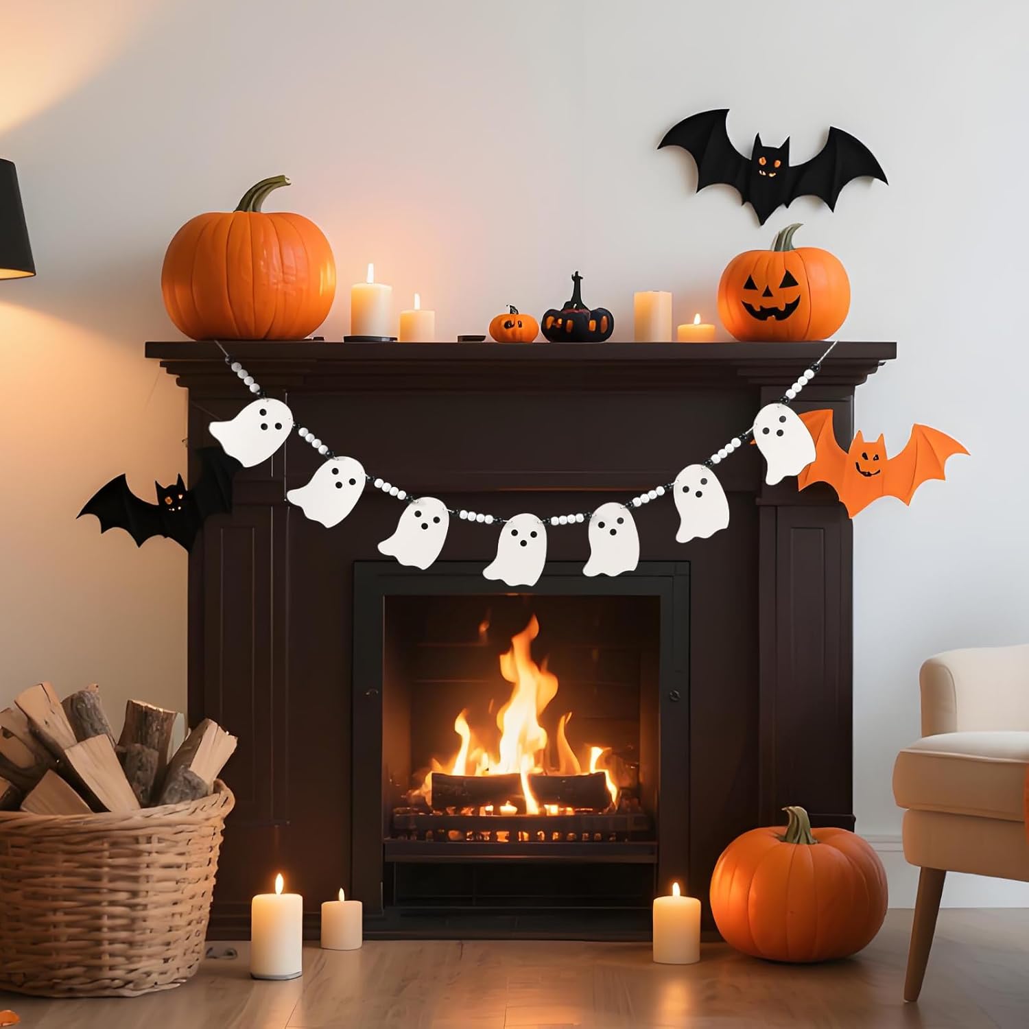 Cute Halloween Ghost Garland Decorations Indoor Outdoor, Wood Ghost Banner with Beads, Rustic Halloween Banner for Haunted House Party Decor