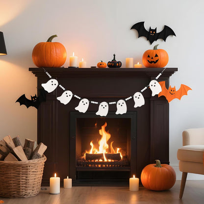 Cute Halloween Ghost Garland Decorations Indoor Outdoor, Wood Ghost Banner with Beads, Rustic Halloween Banner for Haunted House Party Decor