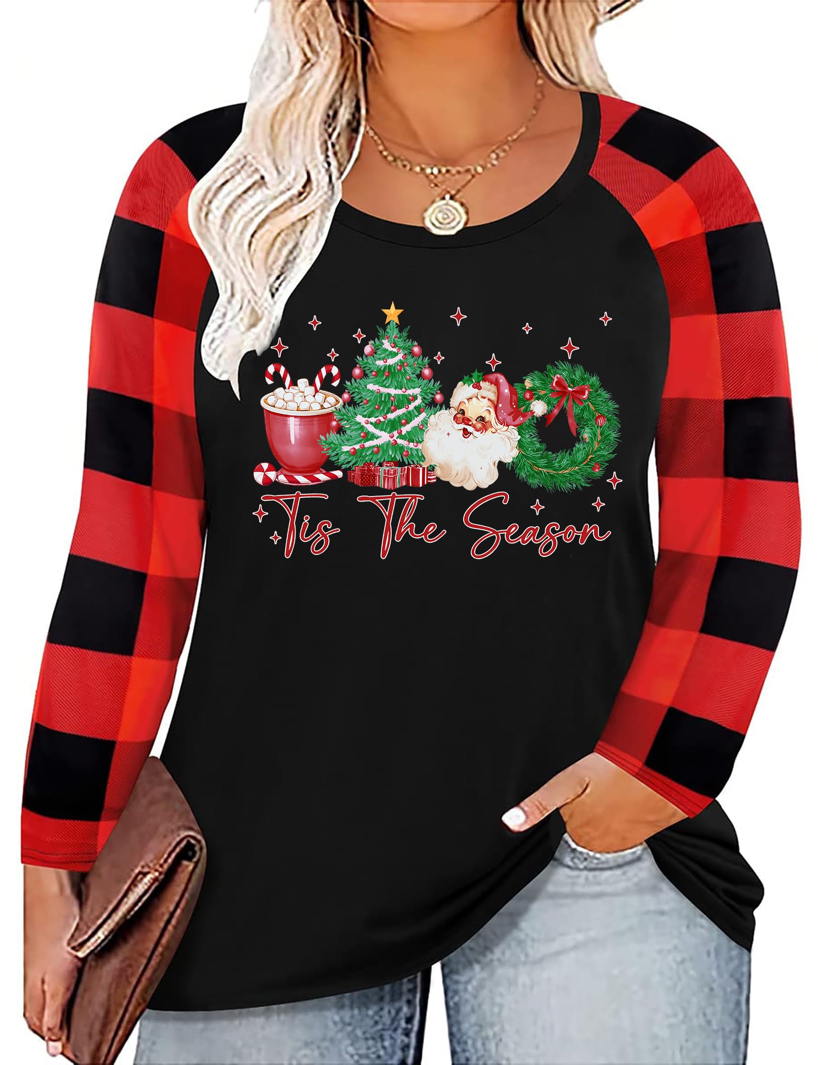 Plus Size Christmas T Shirt Women Xmas Leopard Plaid Trees Print Tees Casual Long Sleeve Holiday Shirts Top