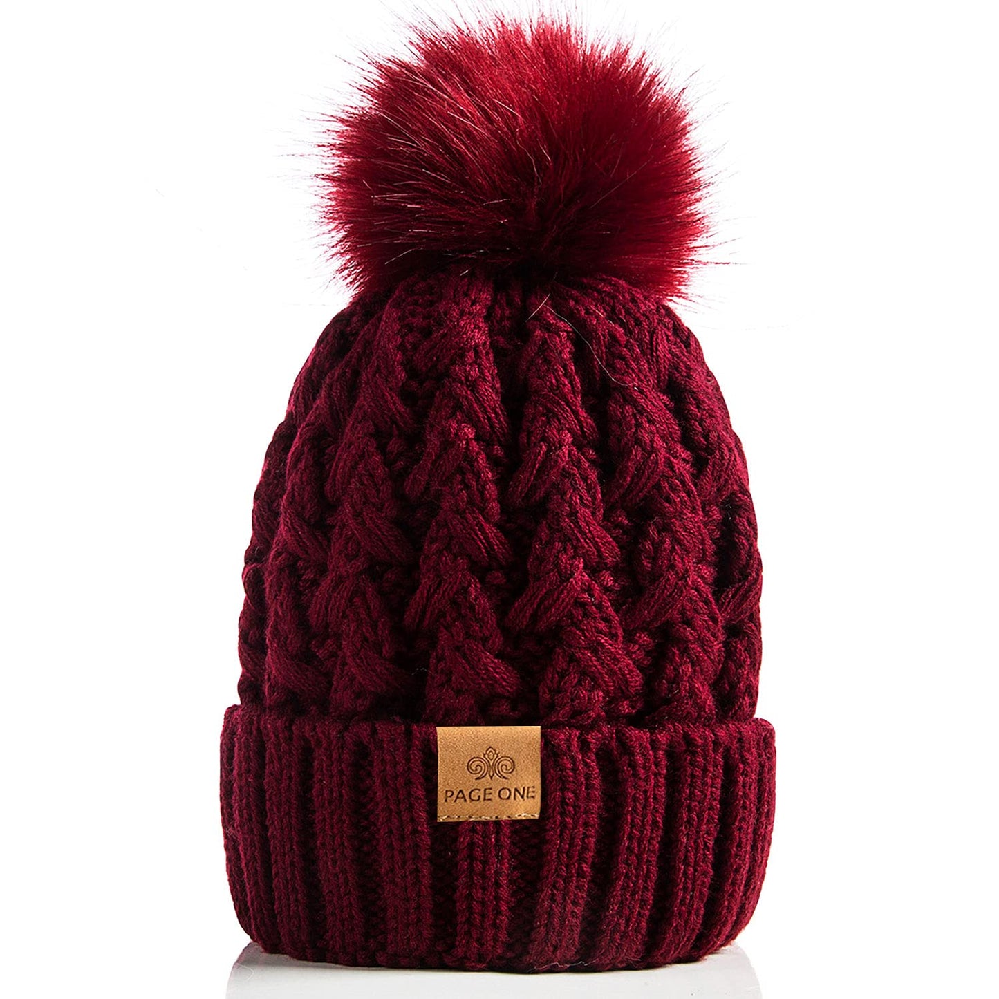 PAGE ONE Womens Winter Ribbed Beanie Crossed Cap Chunky Cable Knit Pompom Soft Warm Hat