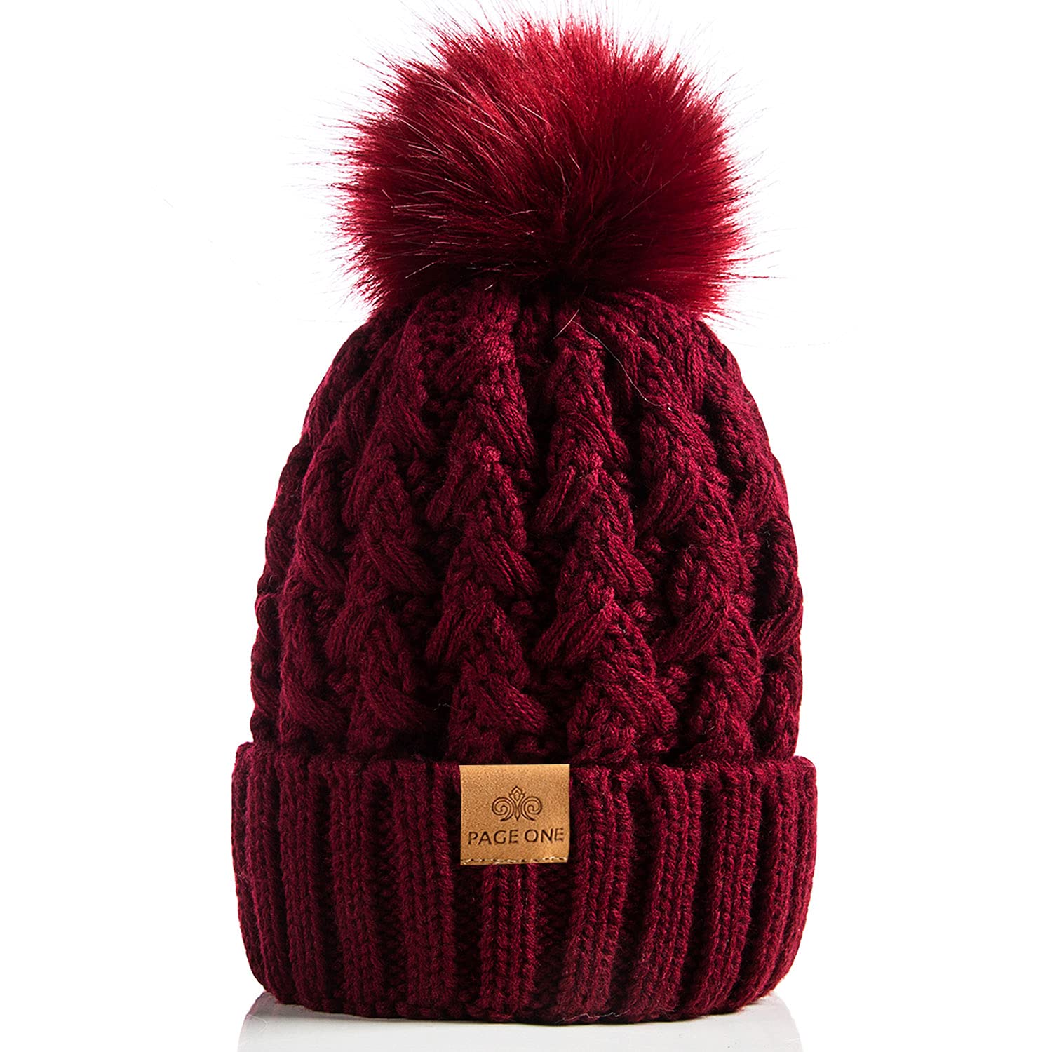 PAGE ONE Womens Winter Ribbed Beanie Crossed Cap Chunky Cable Knit Pompom Soft Warm Hat