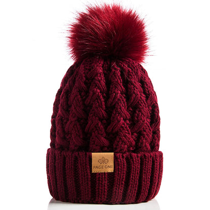 PAGE ONE Womens Winter Ribbed Beanie Crossed Cap Chunky Cable Knit Pompom Soft Warm Hat