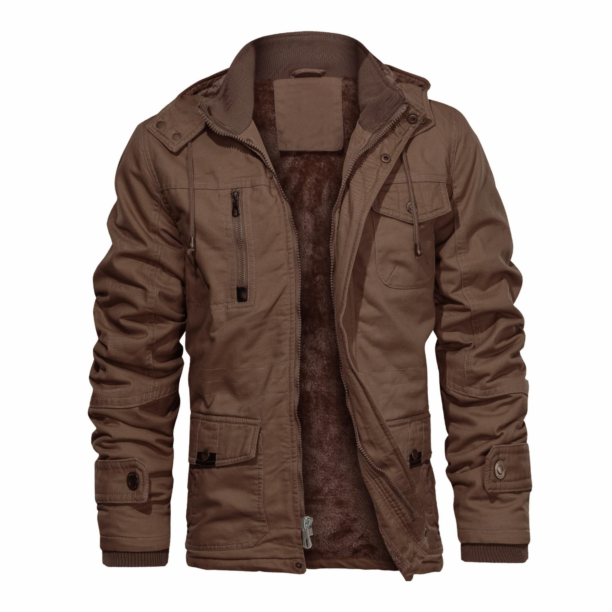 CHEXPEL Men's Thick Winter Jackets with Hood, Fleece Lining, Cotton Military Work Jackets with Cargo Pockets, Outwear