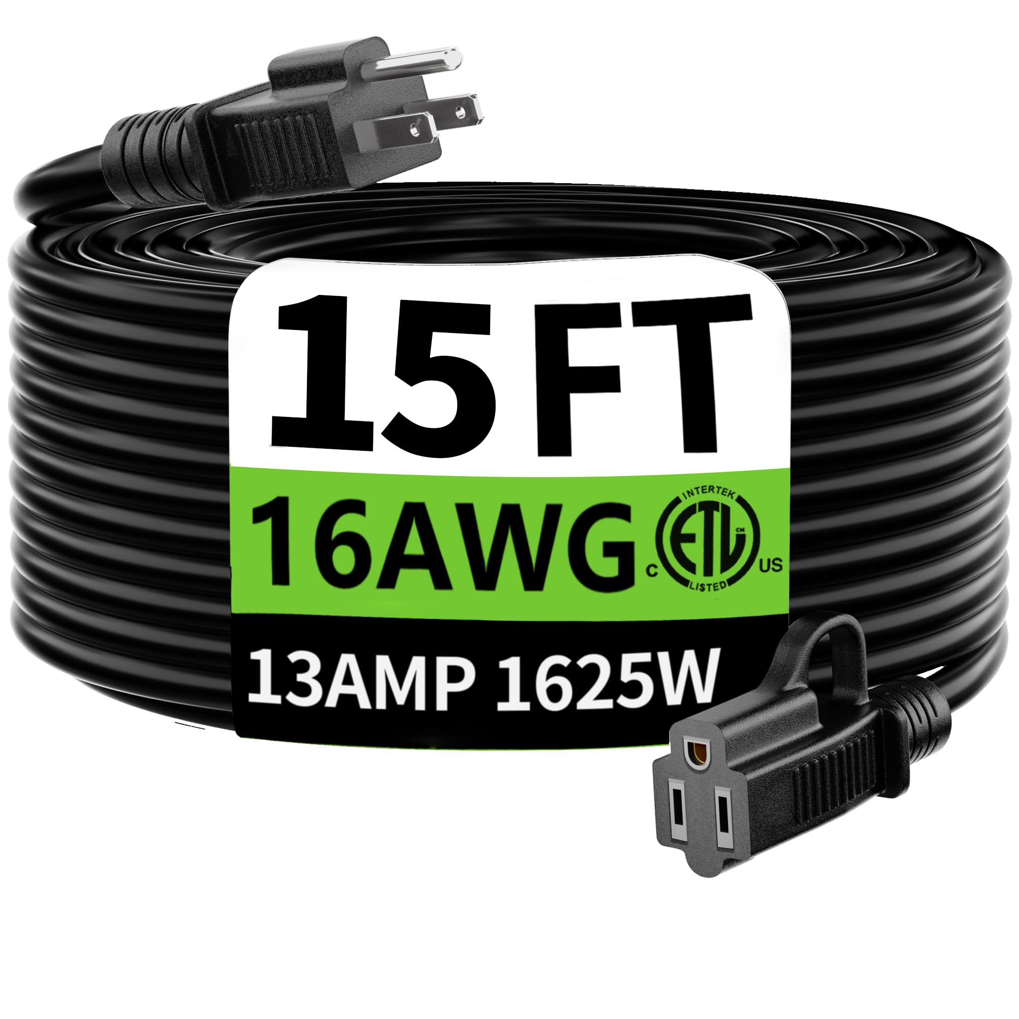 HUANCHAIN Indoor Outdoor Black Extension Cord 50 ft Waterproof, 16/3 Gauge Flexible Resistant Appliance Extension Cord Outside, 13A 1625W 16AWG SJTW, 3 Prong Heavy Duty Electric Cable, ETL Listed