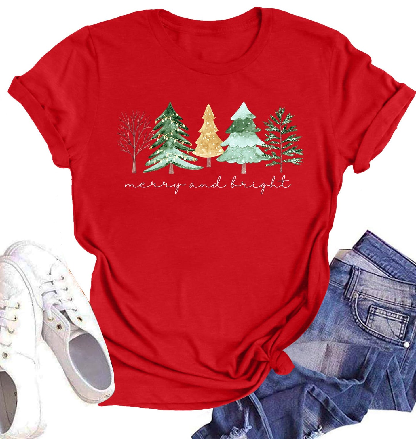 Believe Christmas Shirt for Women Christmas Tree Graphic T-Shirts Believe Letter Print Tees Holiday Tops