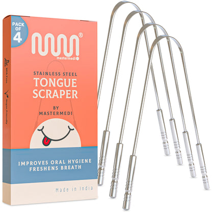 MasterMedi Tongue Scraper for Adults with Multicolor Travel Cases (2 Pack), 100% Stainless Steel, Reduce Bad Breath, Tongue Scrubber, Easy to Use, Tongue Cleaner for Oral Care & Hygiene