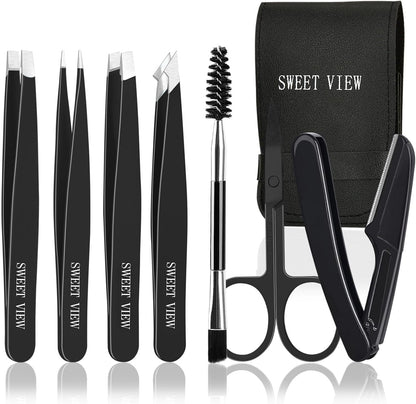 7pcs Eyebrow Tweezers Set, Stainless Steel Tweezers for Women and Man, Precision Plucker Tweezers for Facial Hair, Chin, Eyebrow, Splinter and Ingrown Hair