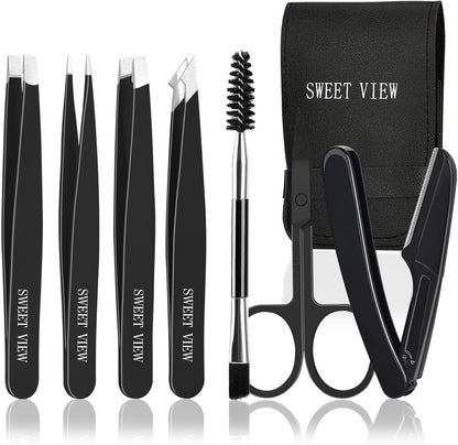 7pcs Eyebrow Tweezers Set, Stainless Steel Tweezers for Women and Man, Precision Plucker Tweezers for Facial Hair, Chin, Eyebrow, Splinter and Ingrown Hair