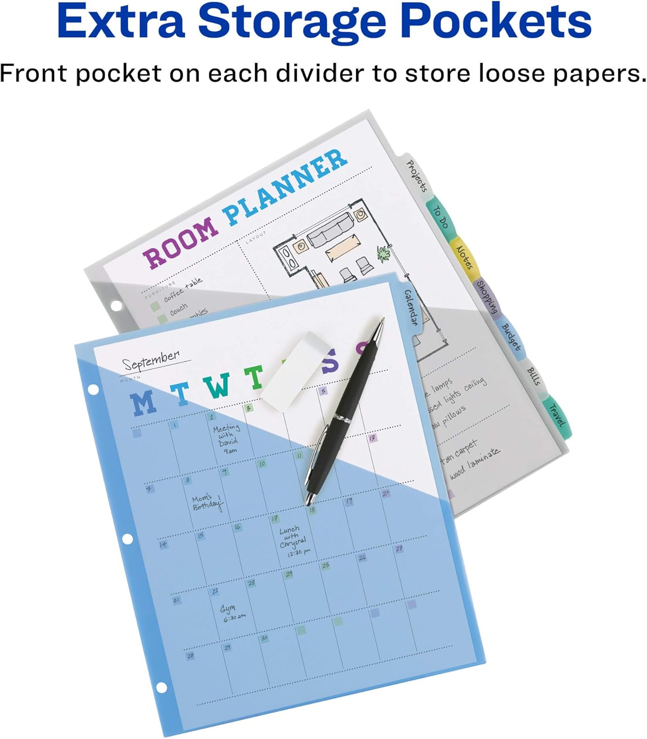 Avery Write & Erase Pocket Plastic Dividers for 3 Ring Binders, 8-Tab Sets, Multicolor, Tabs Viewable Beyond Sheet Protectors, 1 Set (16177)