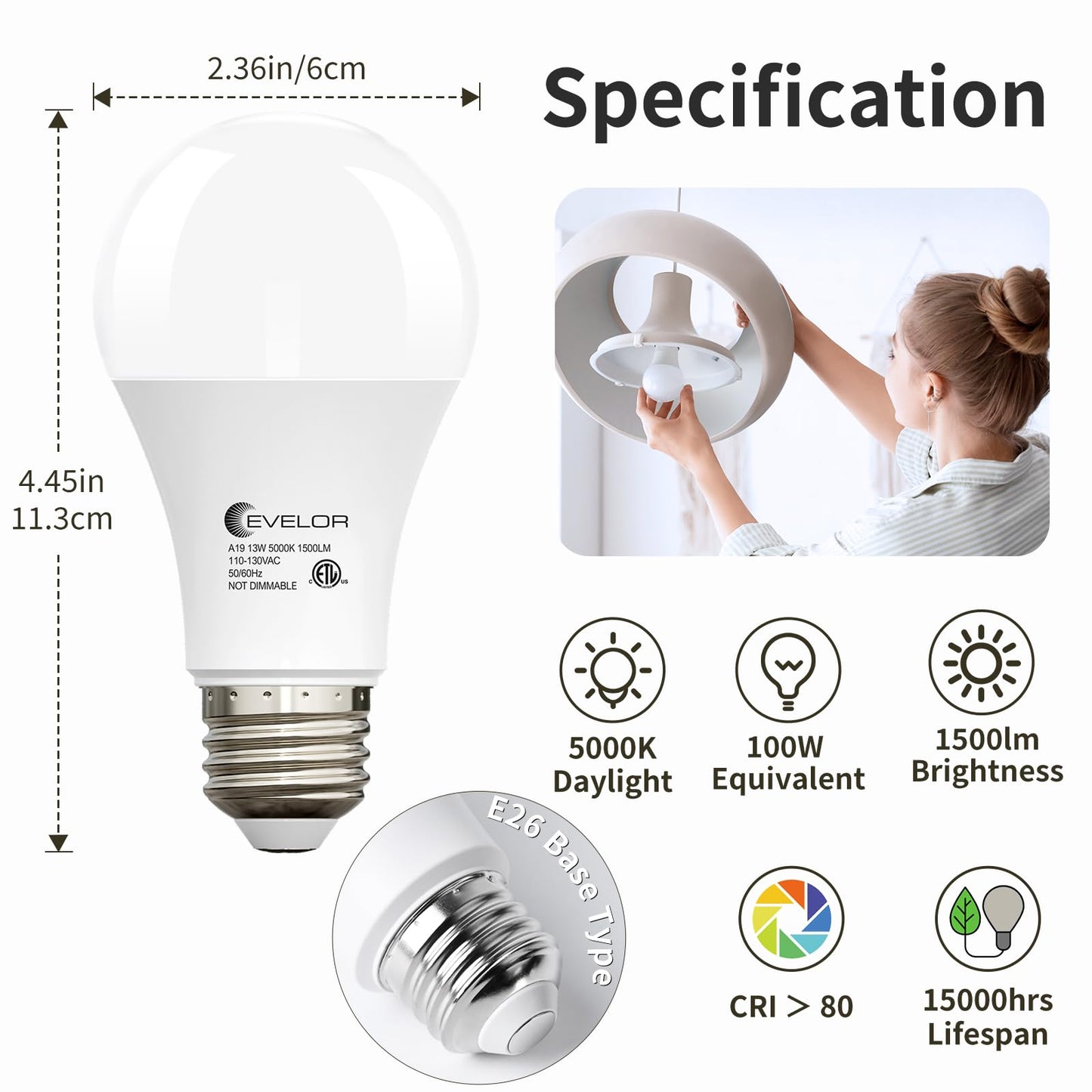6-Pack A19 LED Light Bulbs,60 Watt Equivalent Daylight 5000K with E26 Base,Efficient 9W,800 Lumens Non-Dimmable LED Bulbs,15000 Hours, Ideal for Bedroom Living Room