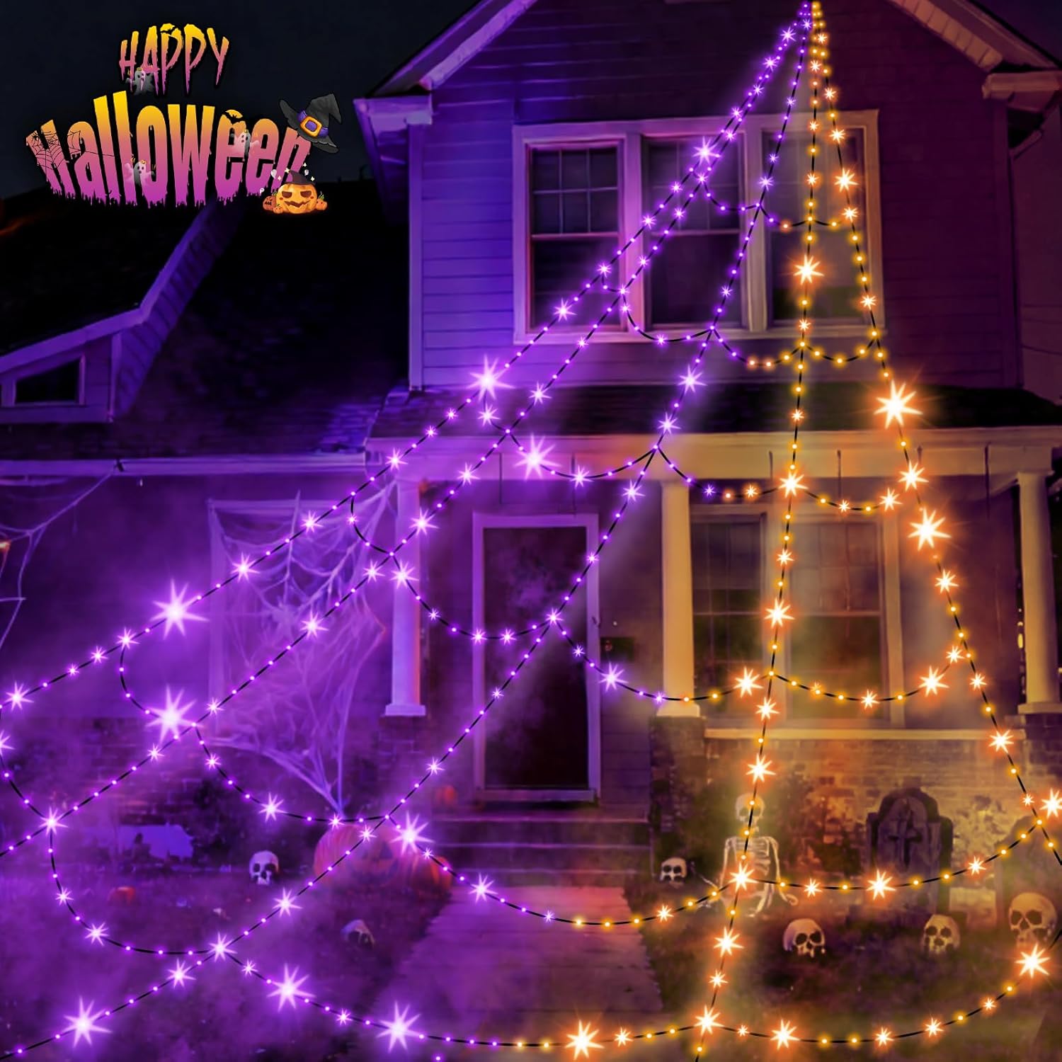 Halloween Decorations Outdoor Spider Web Lights - 550 LEDs Purple and Orange Remote Control Timer Plug in Giant Halloween Decor Cobwebs - 11 Modes Lighting Waterproof Yard Garden Party Decorations