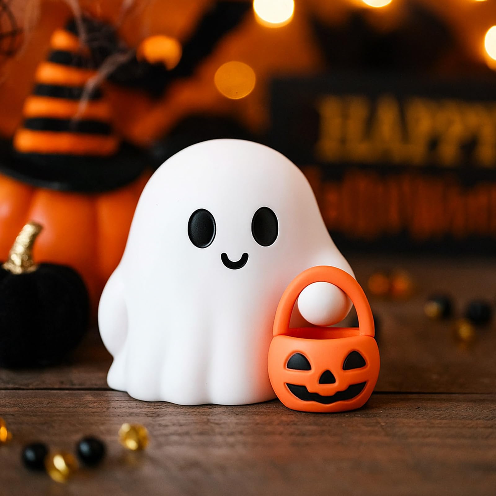 Halloween Ghost Figurine, Funny Glow in The Dark Spooky Resin Ghost with Pumpkin Basket Statue, Cute Decor for Halloween Decorations Indoor, Porch Indoor Home Decor Gifts