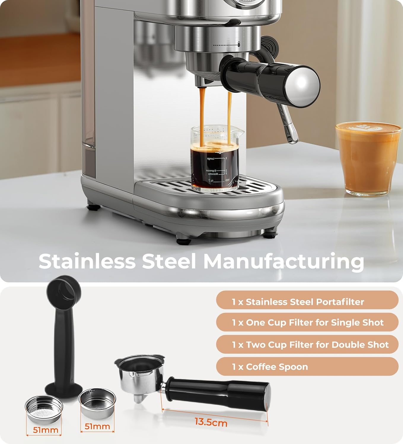 Espresso Machine with Milk Frother, 20 Bar High Pressure Professional Espresso Maker Automatic, Compact Stainless Steel Coffee Machine for Cappuccino, Latte, Gift for Coffee Lover, Dad or Mom, Silver