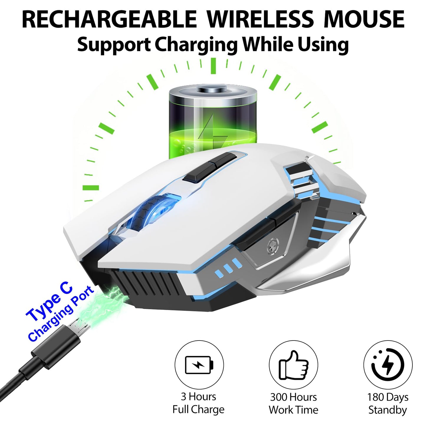 Bluetooth Gaming Mouse, RGB Rechargeable USB Wireless Mouse, Quiet Click, LED Backlit, Ergonomic, with Side Button, 6 Button, DPI Adjustable, Computer Mice for Laptop PC MacBook Chromebook - Grey