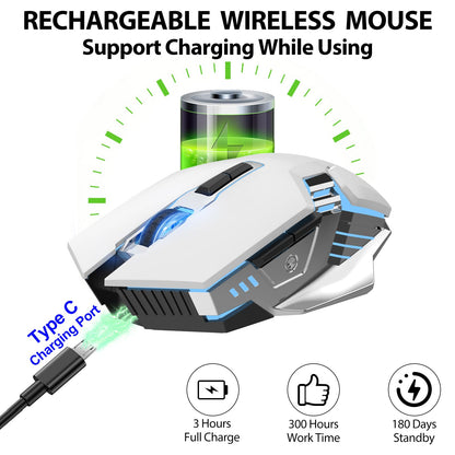 Bluetooth Gaming Mouse, RGB Rechargeable USB Wireless Mouse, Quiet Click, LED Backlit, Ergonomic, with Side Button, 6 Button, DPI Adjustable, Computer Mice for Laptop PC MacBook Chromebook - Grey