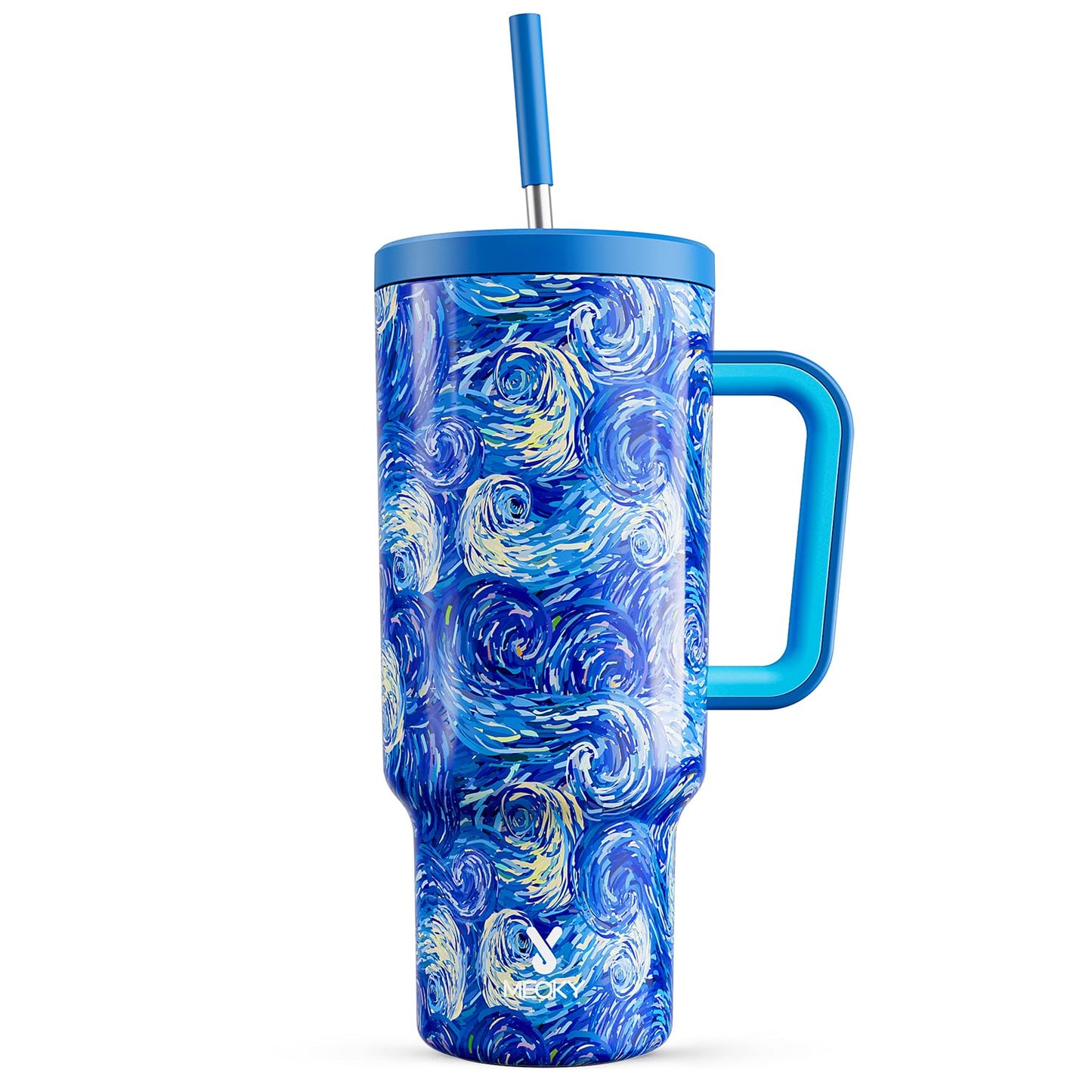 Meoky 40 oz Christmas Tumbler with Handle and Straw, Xmas Tumbler with Lid and Straw, Insulated Stainless Steel Travel Mug, Christmas Gifts for Women Men Adults (Jolly Reindeer)