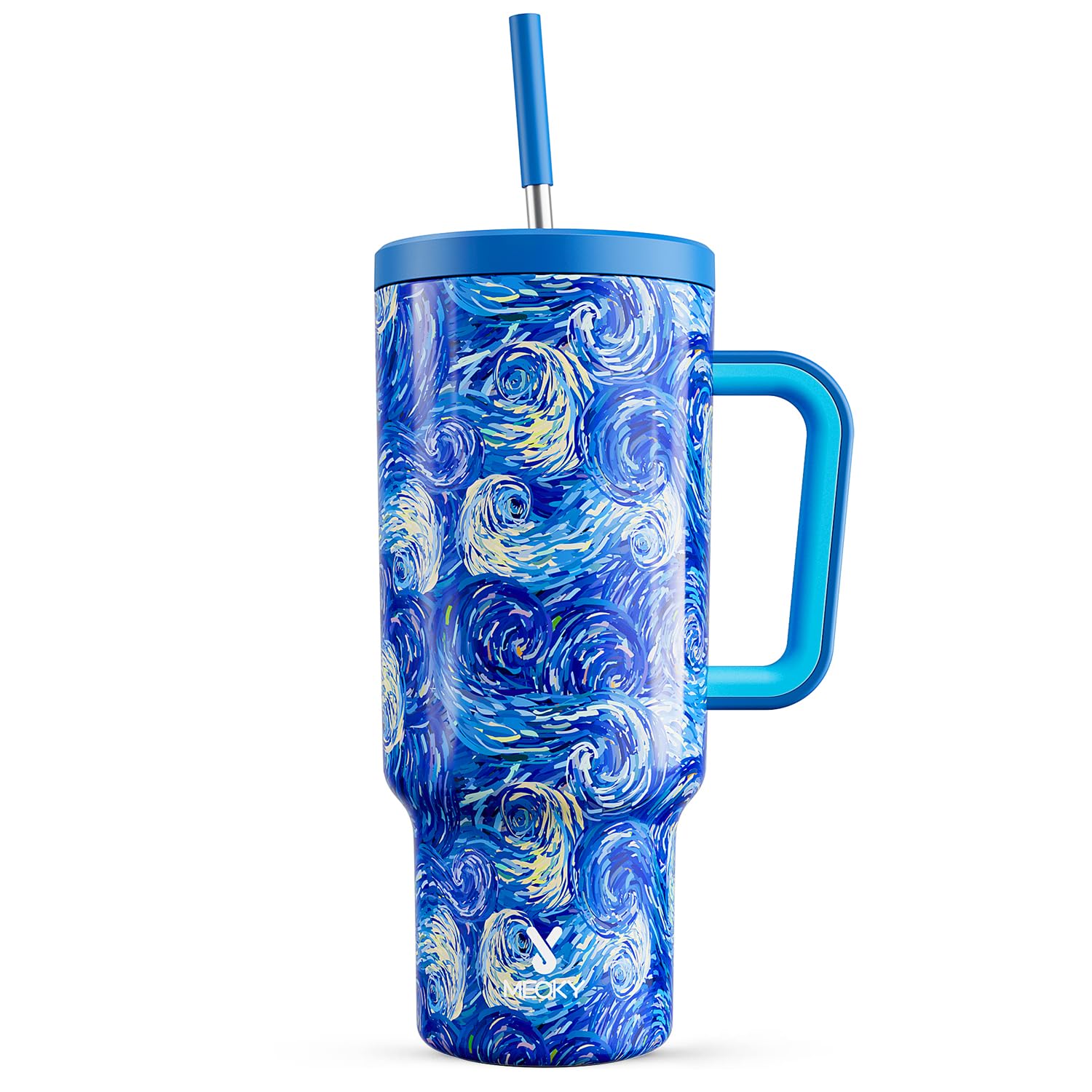 Meoky 40 oz Christmas Tumbler with Handle and Straw, Xmas Tumbler with Lid and Straw, Insulated Stainless Steel Travel Mug, Christmas Gifts for Women Men Adults (Jolly Reindeer)