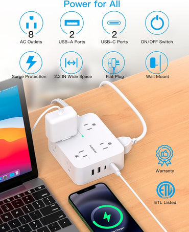 Surge Protector Power Strip, HANYCONY Extension Cord with Multiple Outlets, 5 Ft Ultra Thin Flat Plug 8 Outlets 4 USB Ports(2USB C), 1080J Outlet Extender for Home Office College Dorm Room Essentials
