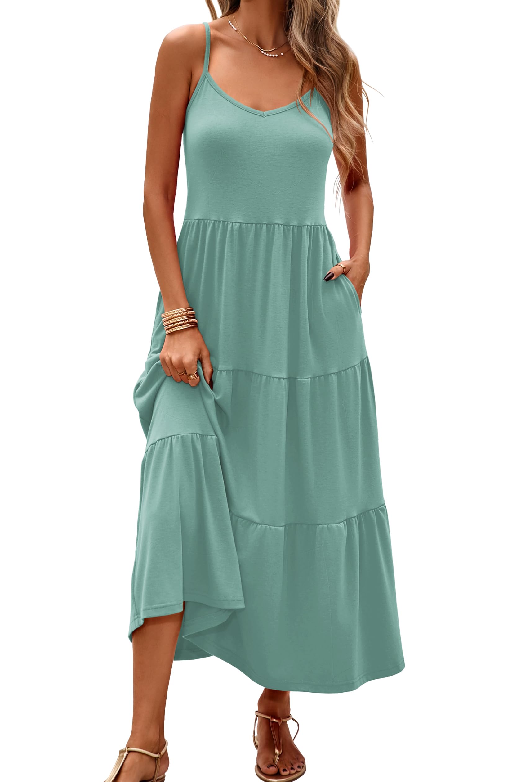 Halife Womens Flowy Tiered Maxi Dress Sleeveless Summer Sundresses Adjustable Straps Long Beach Sun Dresses with Pockets