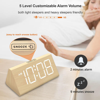 DreamSky Wooden Digital Alarm Clocks for Bedrooms - Electric Desk Clock with Large Numbers, USB Port, Battery Backup Alarm, Adjustable Volume, Dimmer, Snooze, DST, 12/24H, Wood Décor (White)