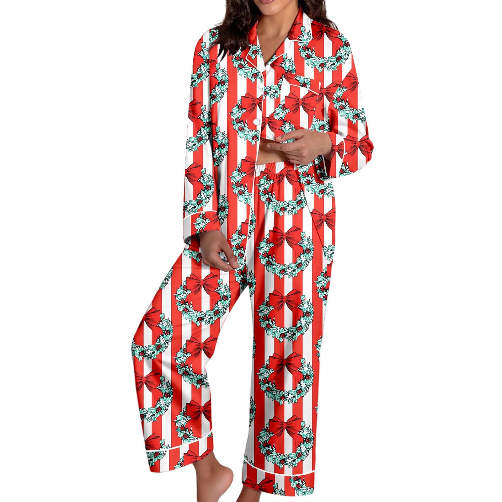 Christmas Pajamas for Women,Button up Long Sleeve Pajama Set Casual Soft Cute Xmas Print Pjs Sleepwear 2025