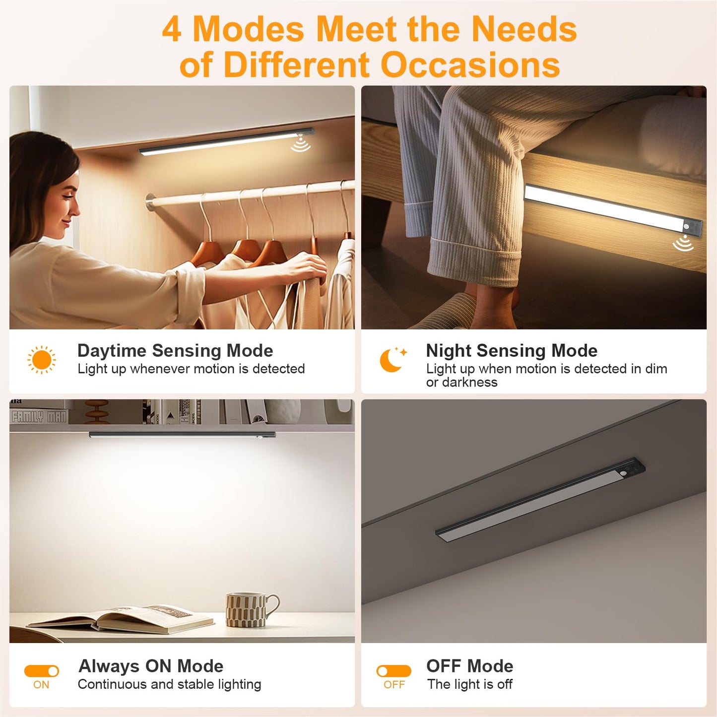 Gritin 10.2inch Under Cabinet Lighting Rechargeable -84 LED Super Bright,3-Color& 5 Level Brightness,4 Modes,Motion Sensor,Long Lasting- Easy Installation Magnetic Under Cabinet Closet Lights -2 Pack