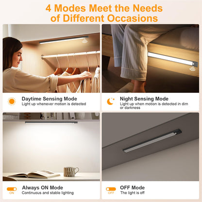 Gritin 10.2inch Under Cabinet Lighting Rechargeable -84 LED Super Bright,3-Color& 5 Level Brightness,4 Modes,Motion Sensor,Long Lasting- Easy Installation Magnetic Under Cabinet Closet Lights -2 Pack