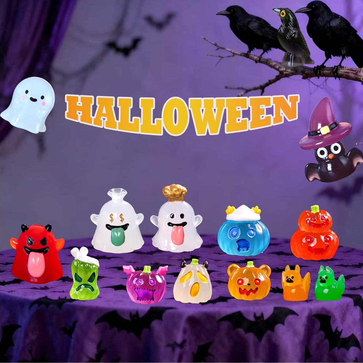 Mini Halloween Figurines 30 PCS, Luminous Halloween Miniatures Bulk for Decor, Mini Resin Animals Variety Pack to Hide, Pumpkin Ghost Owl for Party Favors Bag Fillers Garden Decor, Gifts