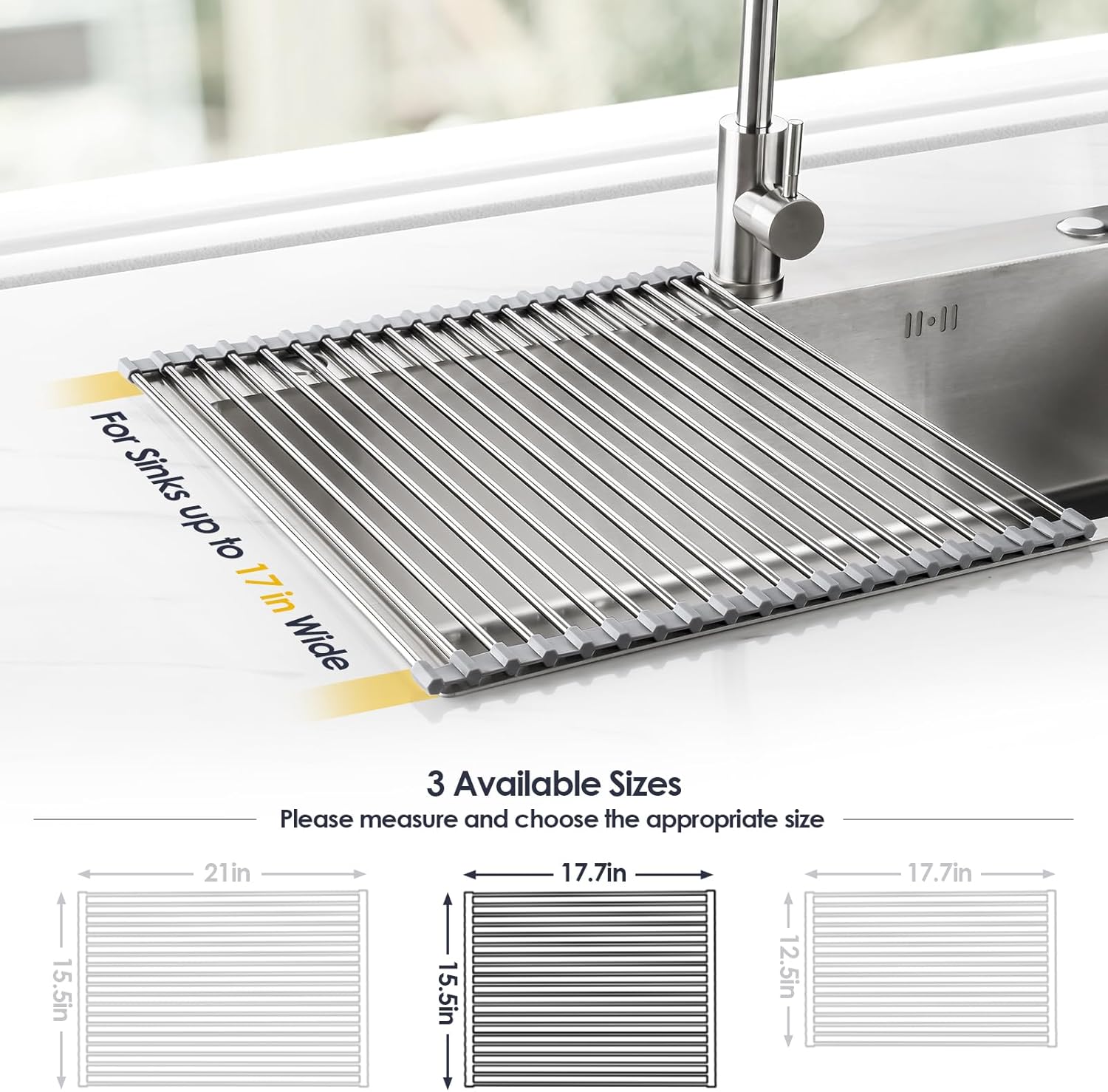 Tomorotec 17.7" x 15.5" Roll Up Dish Drying Rack Over Sink Drying Rack Sink Cover Kitchen Sink Accessories Gadget Multipurpose Organizer Foldable Stainless Steel Drainer (Grey)